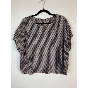 Opus Embroidered Floral Top Women Size Large Boho Boxy Short sleeve Beige